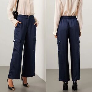 MICHAEL KORS Satin Cargo Pants Women Small Navy Blue Pockets Straight Leg